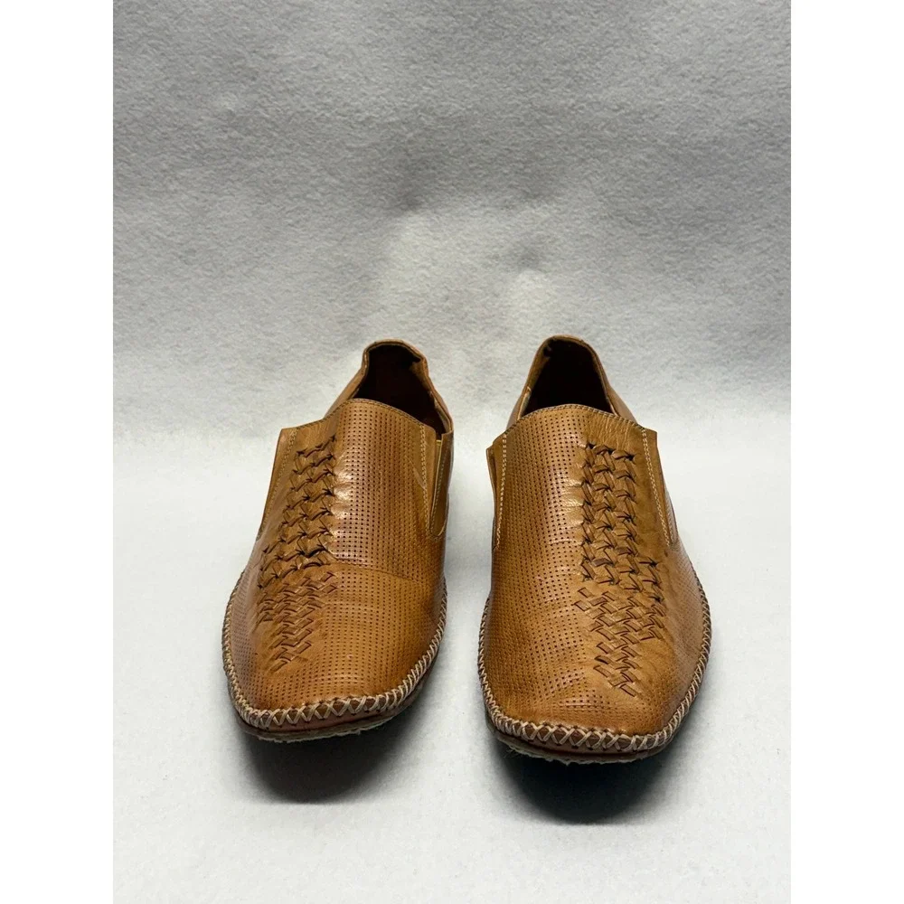 Jump for the People Mens Tan Leather Perforated Woven Slip On Loafers 10.5